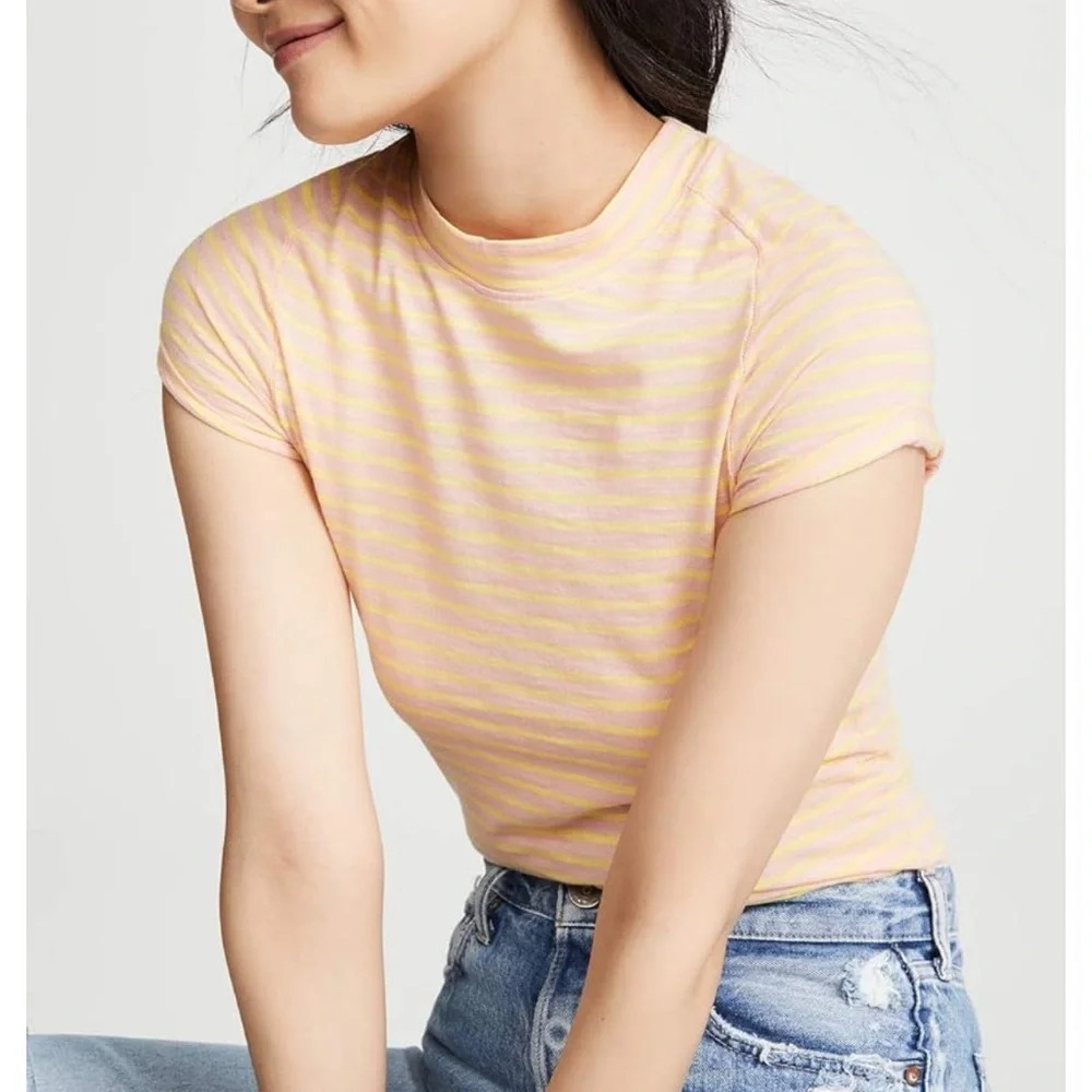 Free People We The Free Yellow/Pink Striped Night Sky Tee-shirt - Size Medium